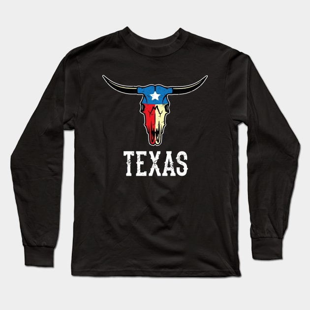 Texas Bull Longhorn Skull Texan Flag Long Sleeve T-Shirt by alltheprints